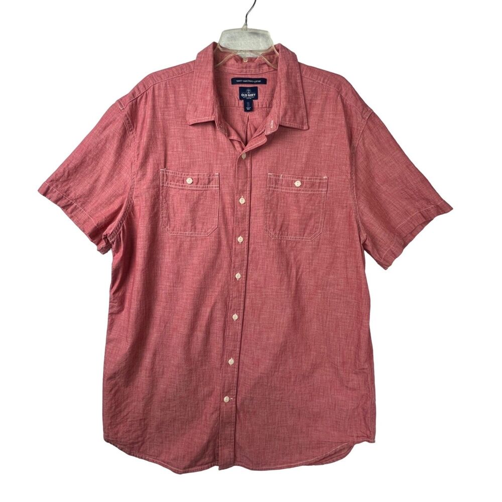 OLD NAVY Mens XXL Red Chambray Slim Fit Short Sleeve Button Up Shirt Pockets